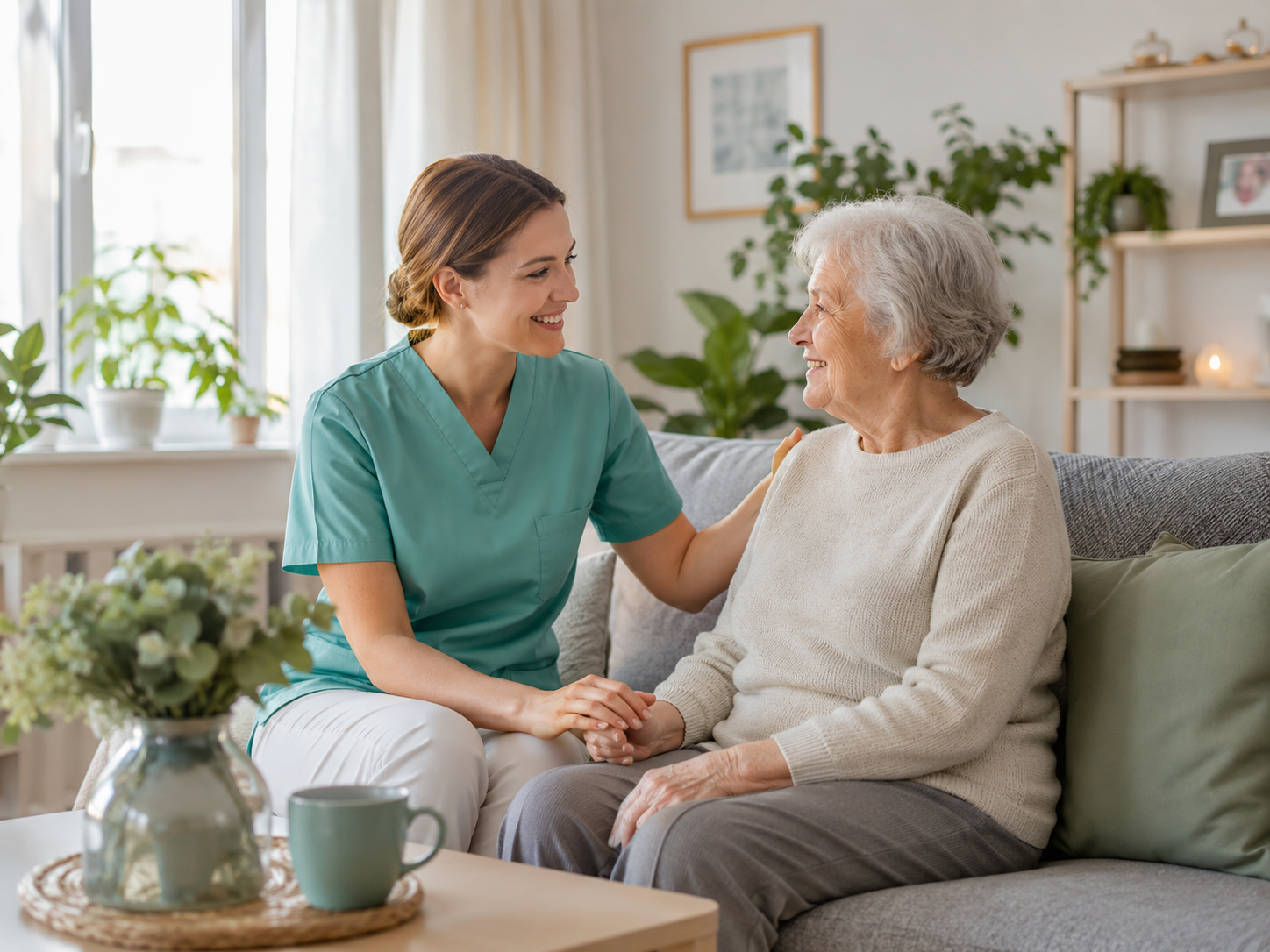 Betreuungskraft unterstützt eine Seniorin zuhause